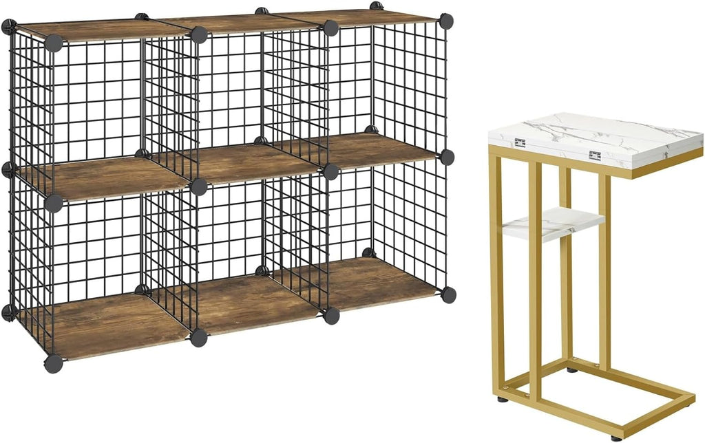 HOOBRO Foldable End Table, Gold C Shaped Side Table with Shelf, Small Snack Table, Cube Storage Organizer, 6-Cube Metal Grid Storage Shelf, Modular Cabinet, DIY Bookshelf DM29SF01-BF06CW01