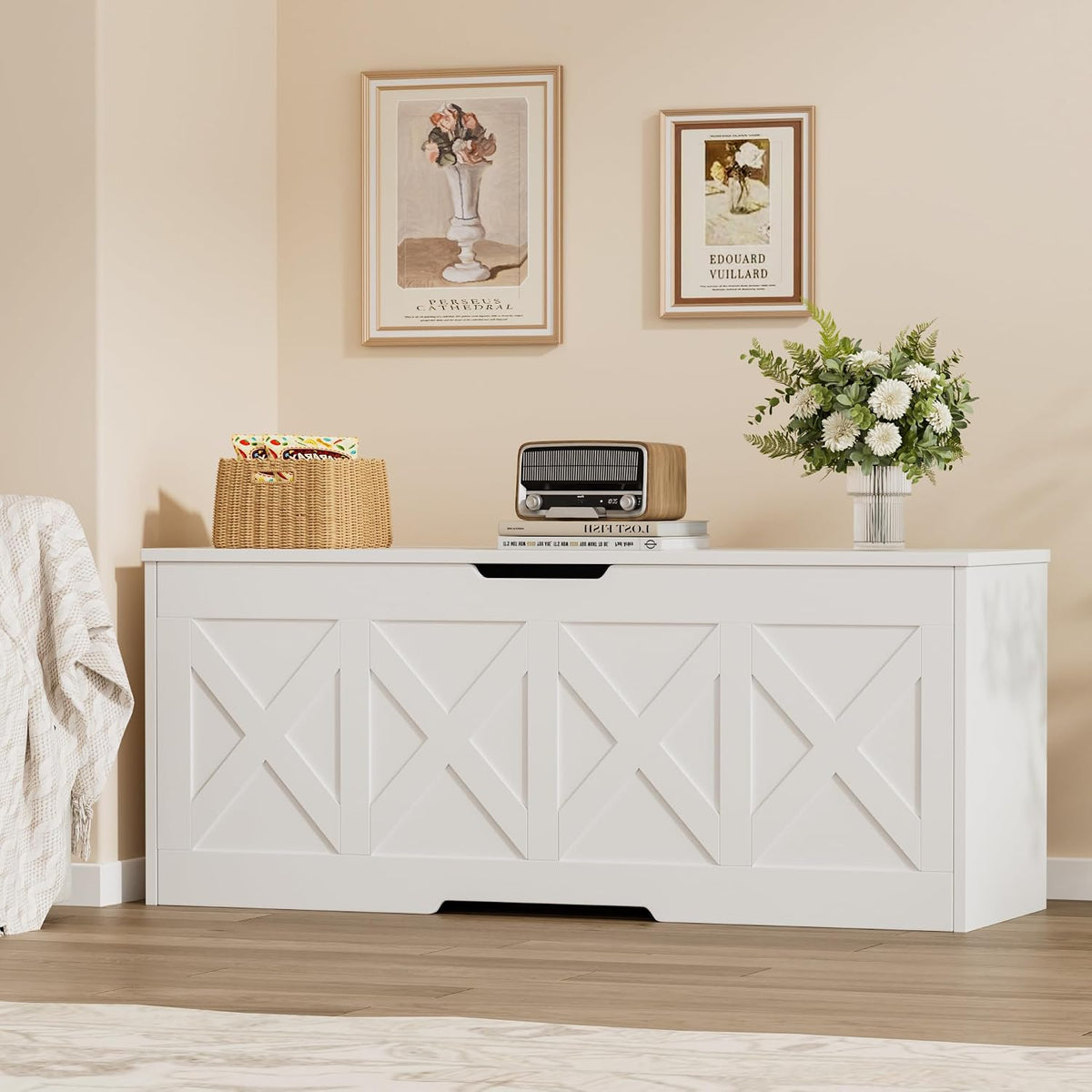 Homleke 47.2" Extra-Large Wooden Storage Chest, Farmhouse Storage Bench | with Safety Hinge, Easy Assembly, for Bedroom, Living Room & Entryway, White
