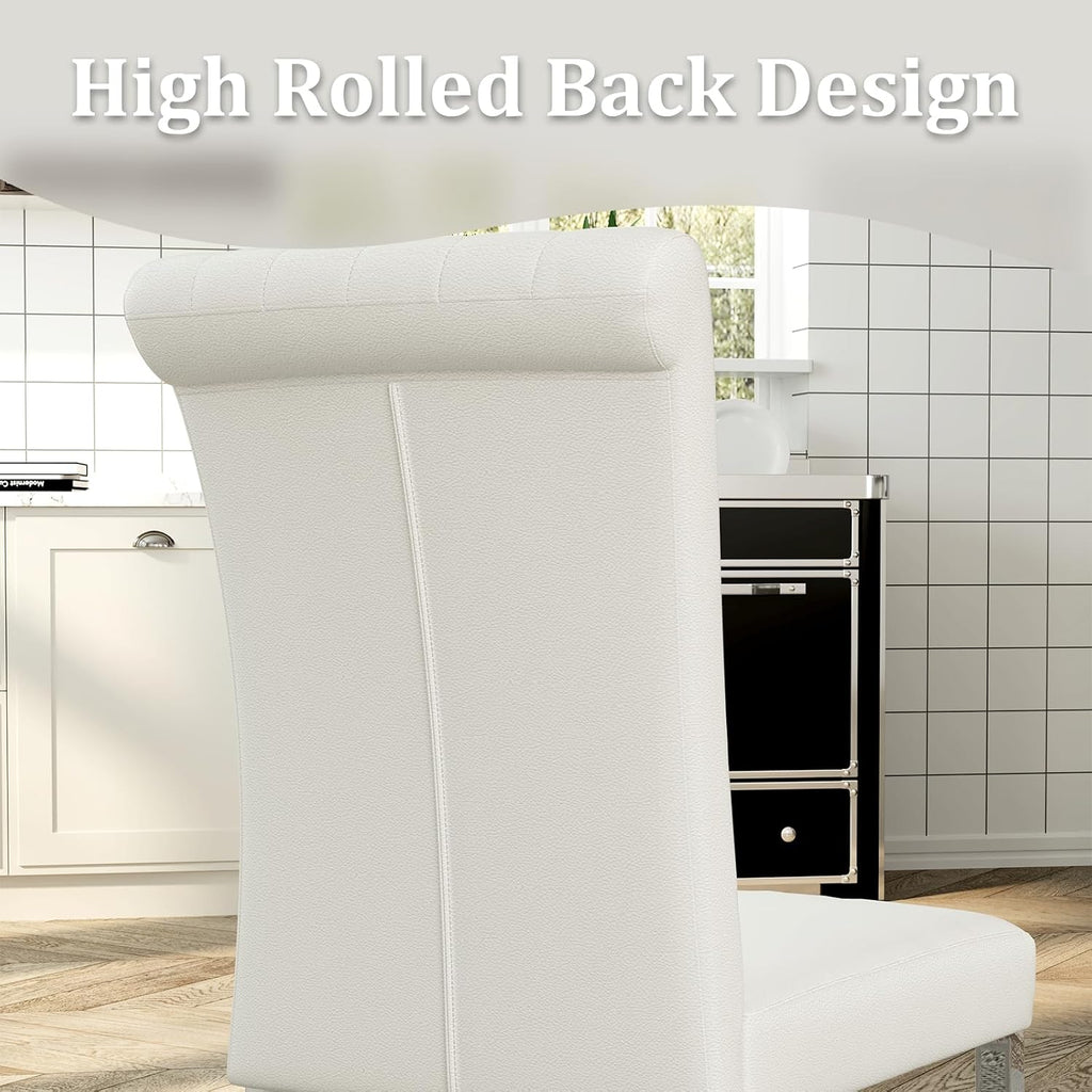 ACEDÉCOR Dining Chairs, White Leather Dining Chairs Set of 6, Upholstered Kitchen Room Chairs with Silver Stainless Steel Legs