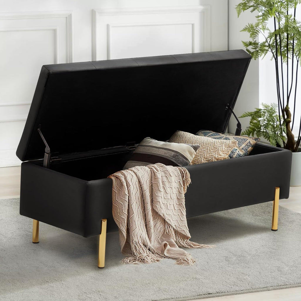 45.6 Inch Velvet Storage Bench Tufted Upholstered Ottoman Bench, Bedroom Bench with Storage, for Bedroom Living Room Entryway Rectangular Accent Bench, Black