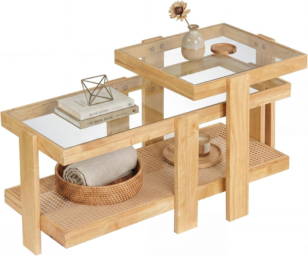 Giantex Nesting Coffee Table Set of 2, Boho Rattan Accent Table with Tempered Glass Top & Solid Rubber Wood Frame, Modern Rectangular Center Table for Living Room, Natural