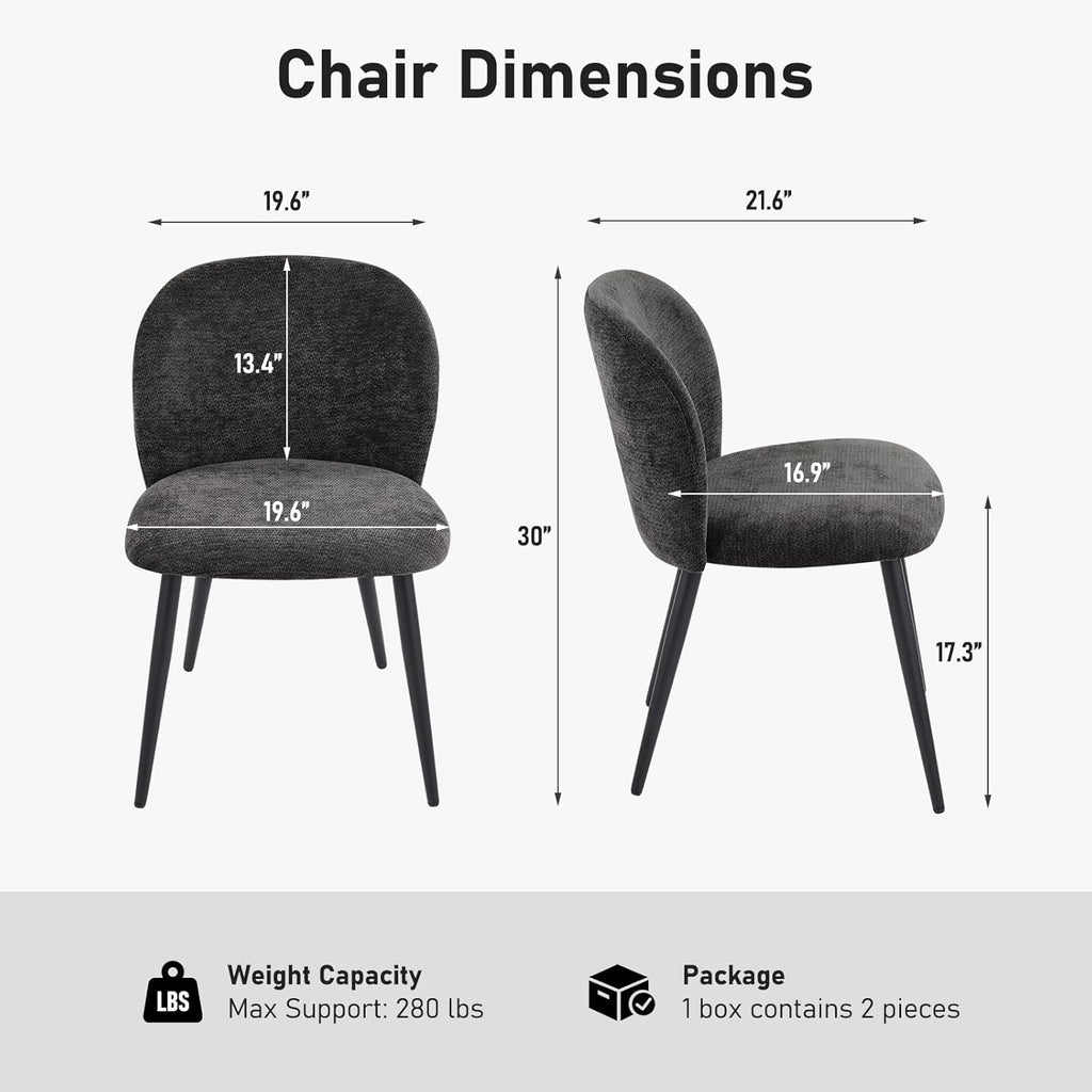 Dining Chairs Set of 2, Upholstered Chenille Dining Room Chairs with Black Metal Legs, Modern Armless Kitchen Chairs with Curved Backrest for Dining Room Kitchen Living Room, Black