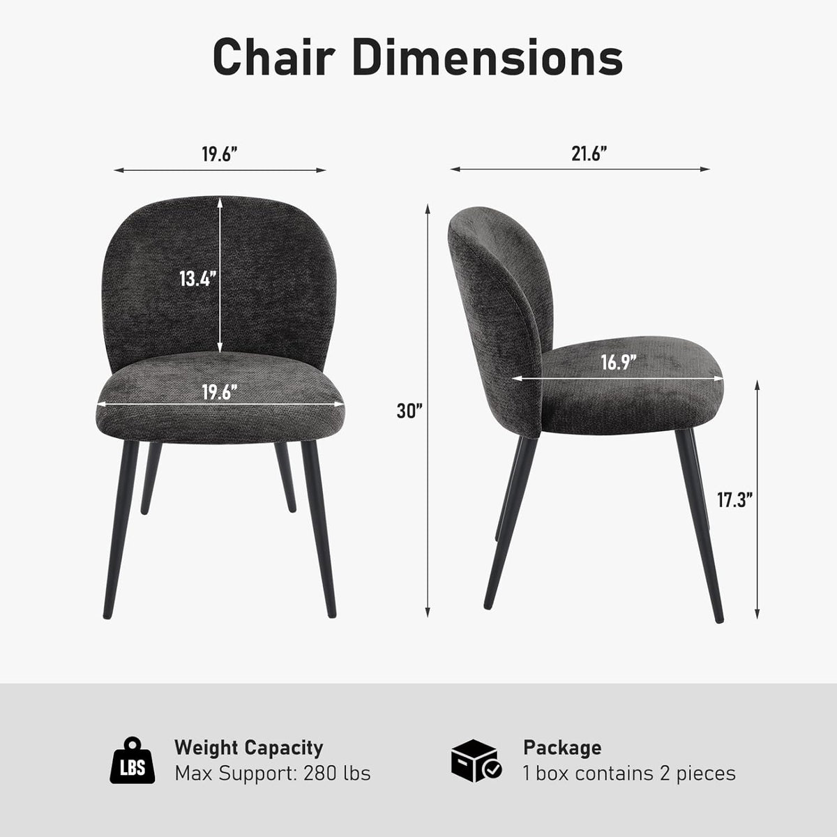 Dining Chairs Set of 2, Upholstered Chenille Dining Room Chairs with Black Metal Legs, Modern Armless Kitchen Chairs with Curved Backrest for Dining Room Kitchen Living Room, Black