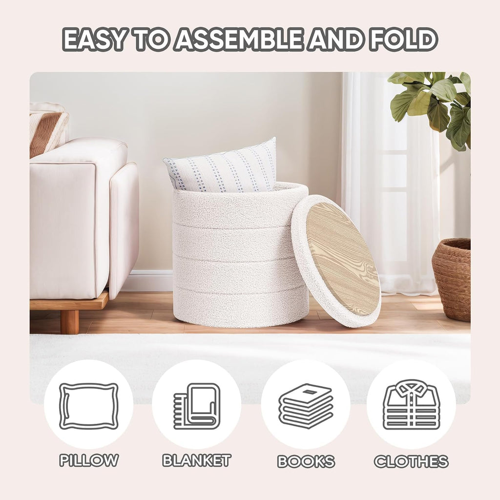 PINPLUS Round Storage Ottoman Foot Rest Stool with Tray Velvet Sherpa Folding Storage Ottoman,Boucle Foot Rest for Living Room, Bedroom, Dorm,Cream White