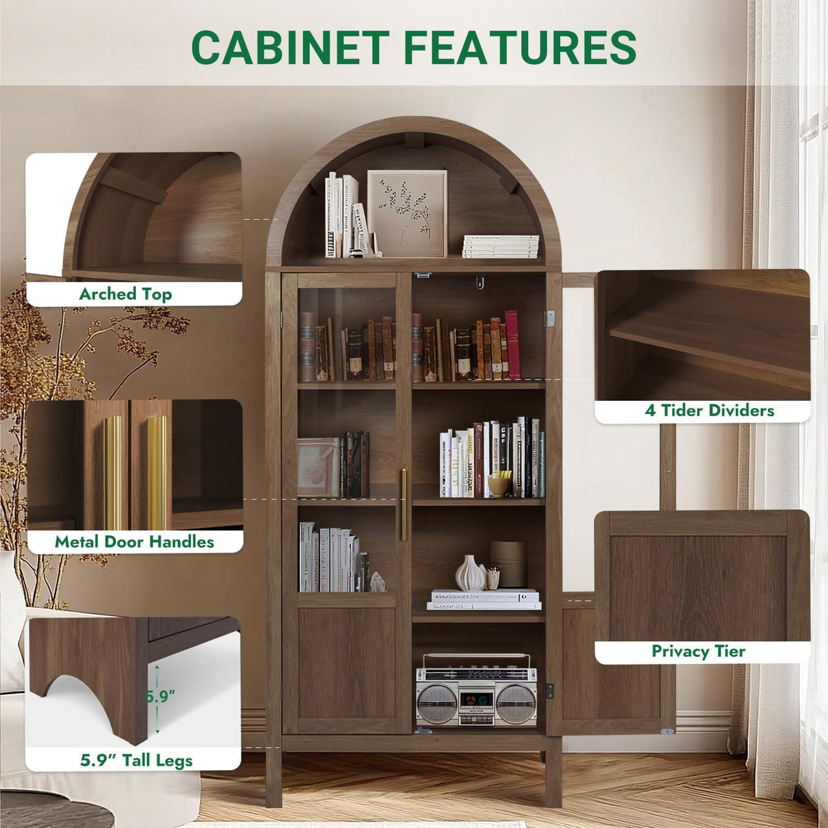 Arched Storage Cabinet with 2 Doors and 5-Tier Shelves for Living Room, 71" Tall Wooden Pantry Cabinet for Dining Room and Kitchen, Floor Bathroom Organizer, Brown