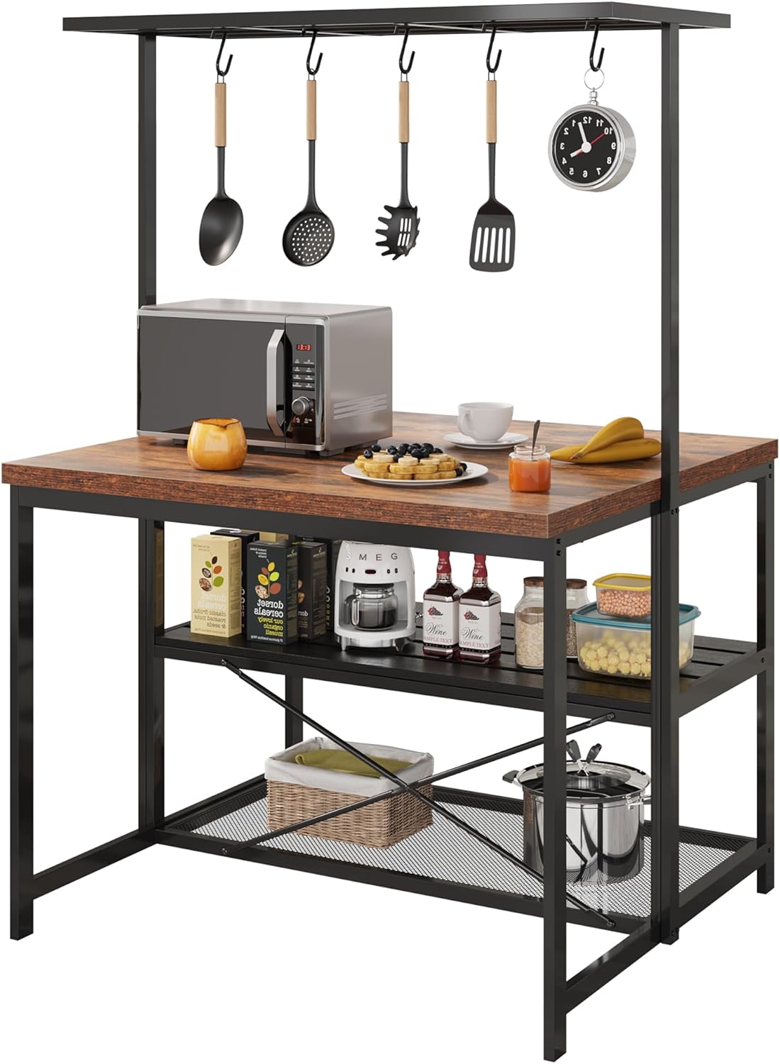 IDEALHOUSE 42" Kitchen Island with Storage & Seating - 3-Tier Bakers Rack, Microwave Stand with 5 Hooks, Multi-Function Island Table for Kitchens (42"×28"×72")