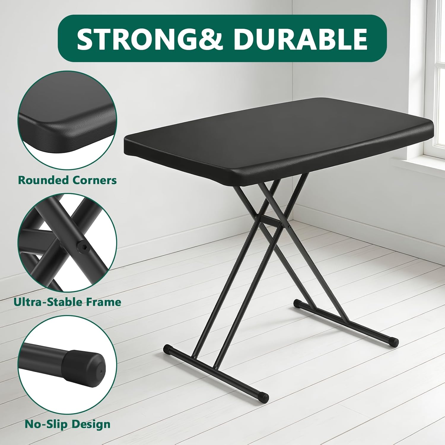 Folding Table 30 Inch - Small Desk Adjustable Height TV Tray for Laptop, Couch, Camping - Heavy Duty Utility Foldable Table for Small Spaces, No Assembly Required, Snowy Granite (Black)