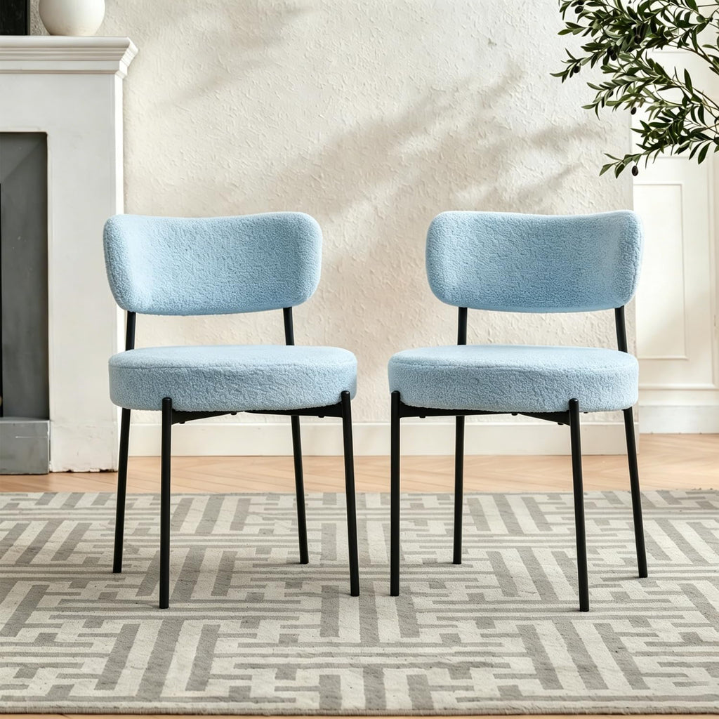 Blue Boucle Dining Chairs Set of 2, Mid Century Modern Dining Room Chair with Curved Backrest & Metal Legs, Round Upholstered Dining Chairs for Kitchen, Living Room