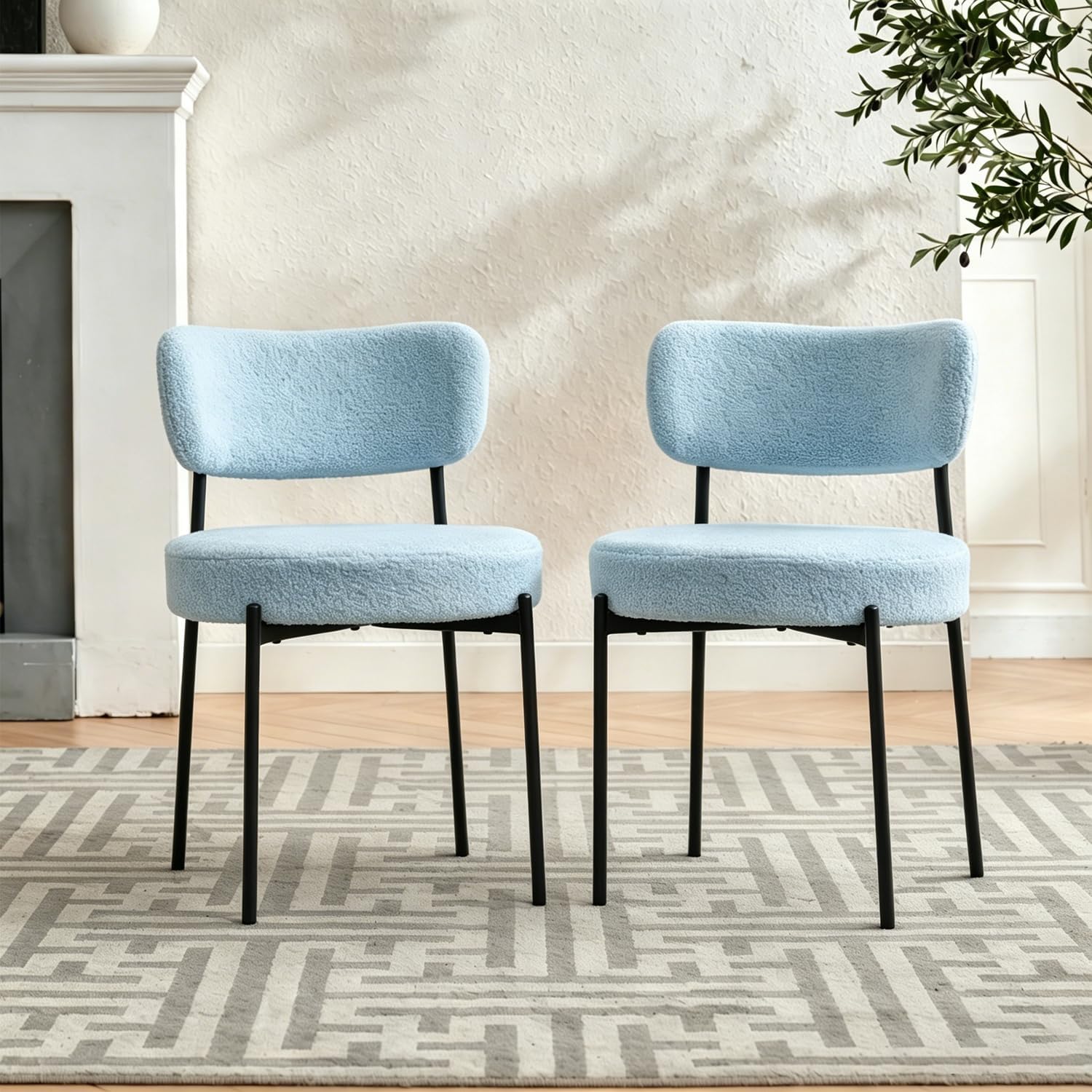 Boucle Dining Chairs Set of 2, Blue Mid Century Modern Kitchen Dining Room Chairs with Curved Backrest and Metal Frame, Round Upholstered Dining Chairs for Kitchen, Living Room