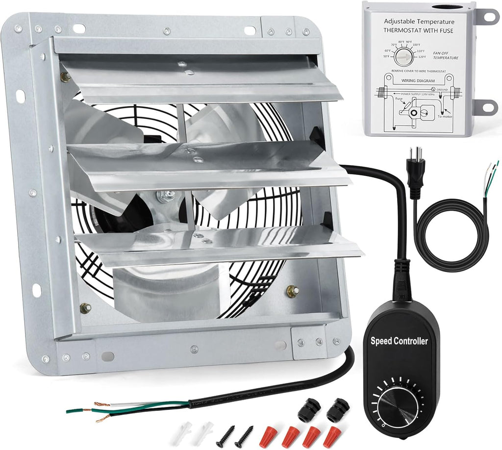 Criditpid 10 Inch Shutter Exhaust Fan, 820 CFM Attic Fan, Wall Mounted Vent Fan with Speed Controller and Thermostat for Greenhouse, Garage, Warehouse, Shed, Basement, Chicken Coop Ventilation.
