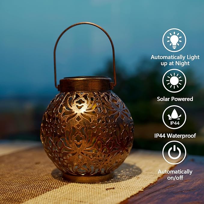 Outdoor Solar Hanging Lantern Lights Metal LED Decorative Lamp for Garden Patio Courtyard Lawn and Table with Hollowed-Out Design (Bronze)