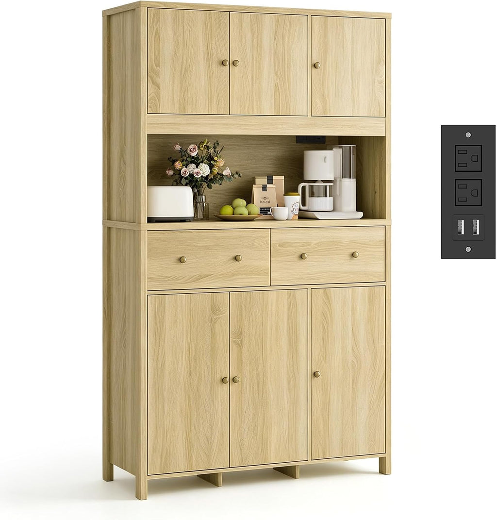 GarveeHome 71" Tall Kitchen Pantry Cabinet with Charing Station, Kitchen Pantry Storage Cabinet with Countertop, Modern Kitchens Hutch Cabinets with Storage for Living Room Dining Room, Natural
