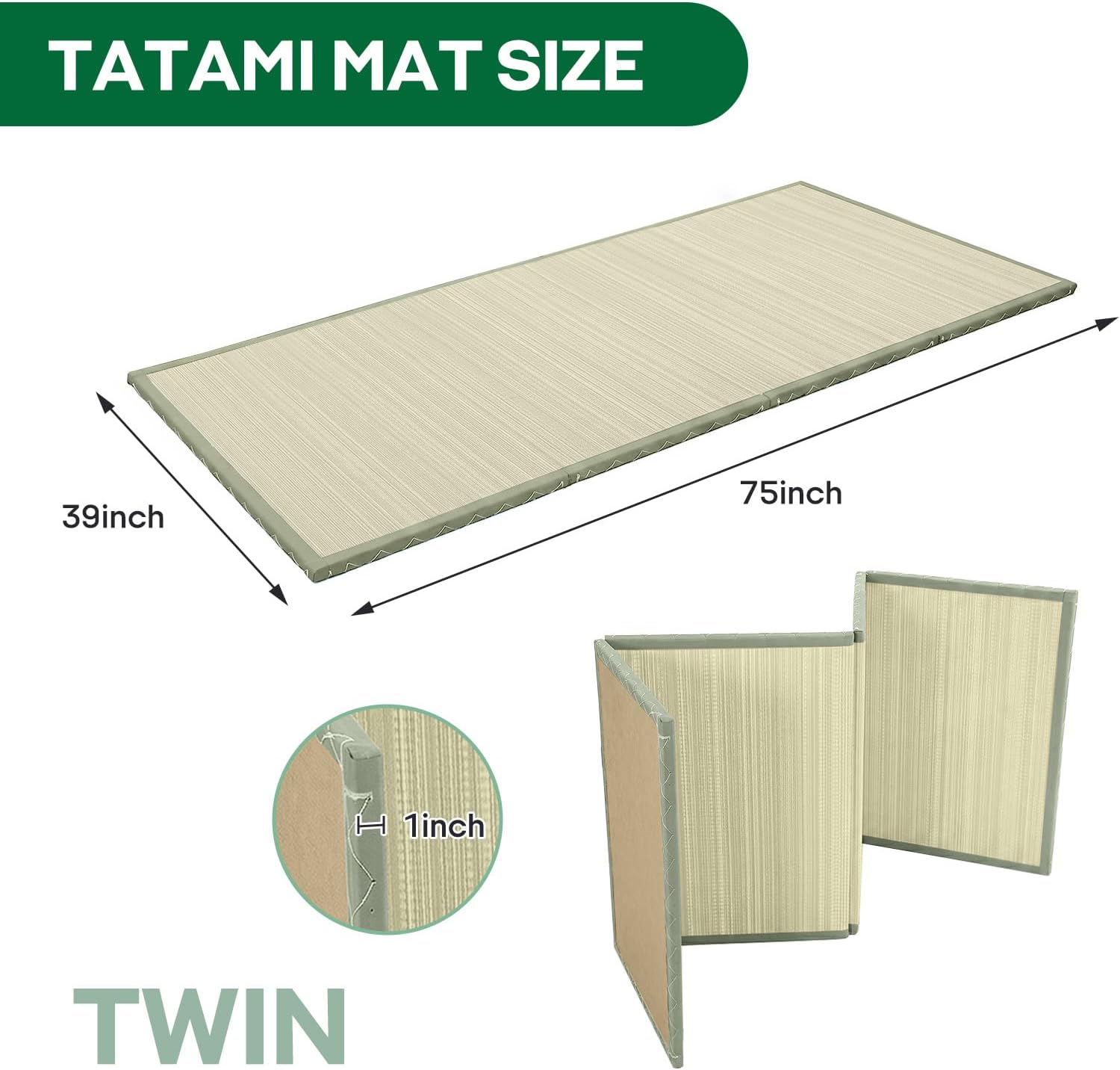 ZonLi Japanese Tatami Mat, Foldable Floor Sleeping Pad Futon Mattress | Made from Natural Coconut Shell Fiber & Jute Fiber, Firm Traditional Floor Bed Twin 75"x39"