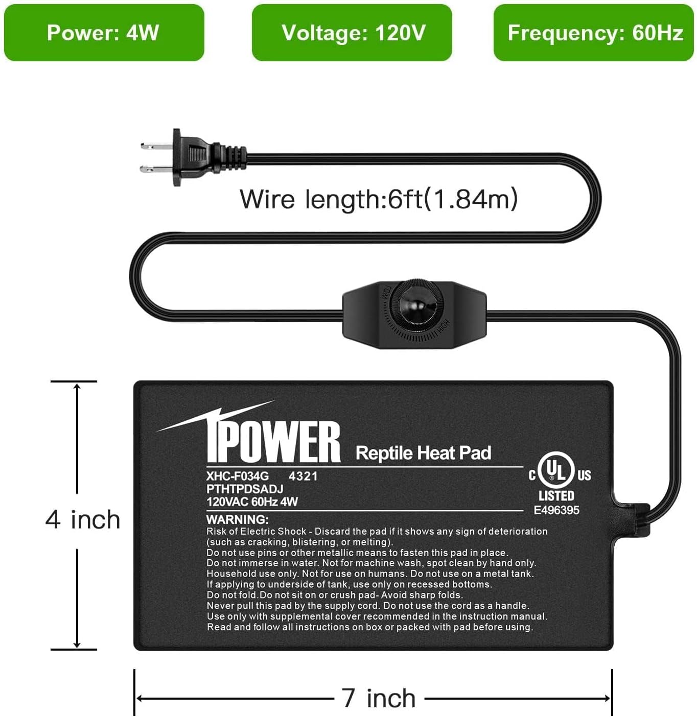 iPower 4 by 7 Inch Reptile Heating Pad with Temperature Adjustable Controller Knob, Under Tank Warmer Terrarium Heat Mat for Reptiles and Amphibians