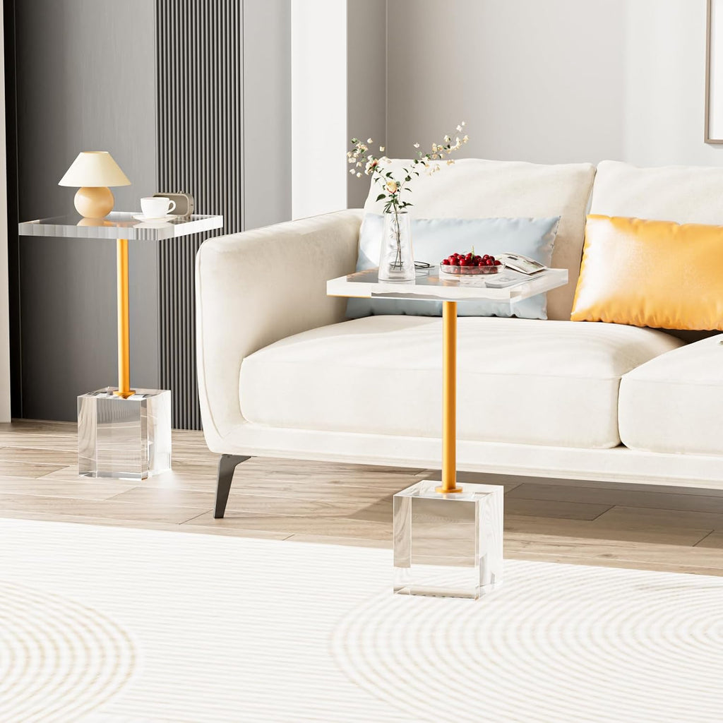 Acrylic Side Table, Acrylic End Table for Living Room Bedroom, Square Modern Side Tables with Brushed Brass Metal Support, Small Clear Drink Table/Nightstand (2pcs)