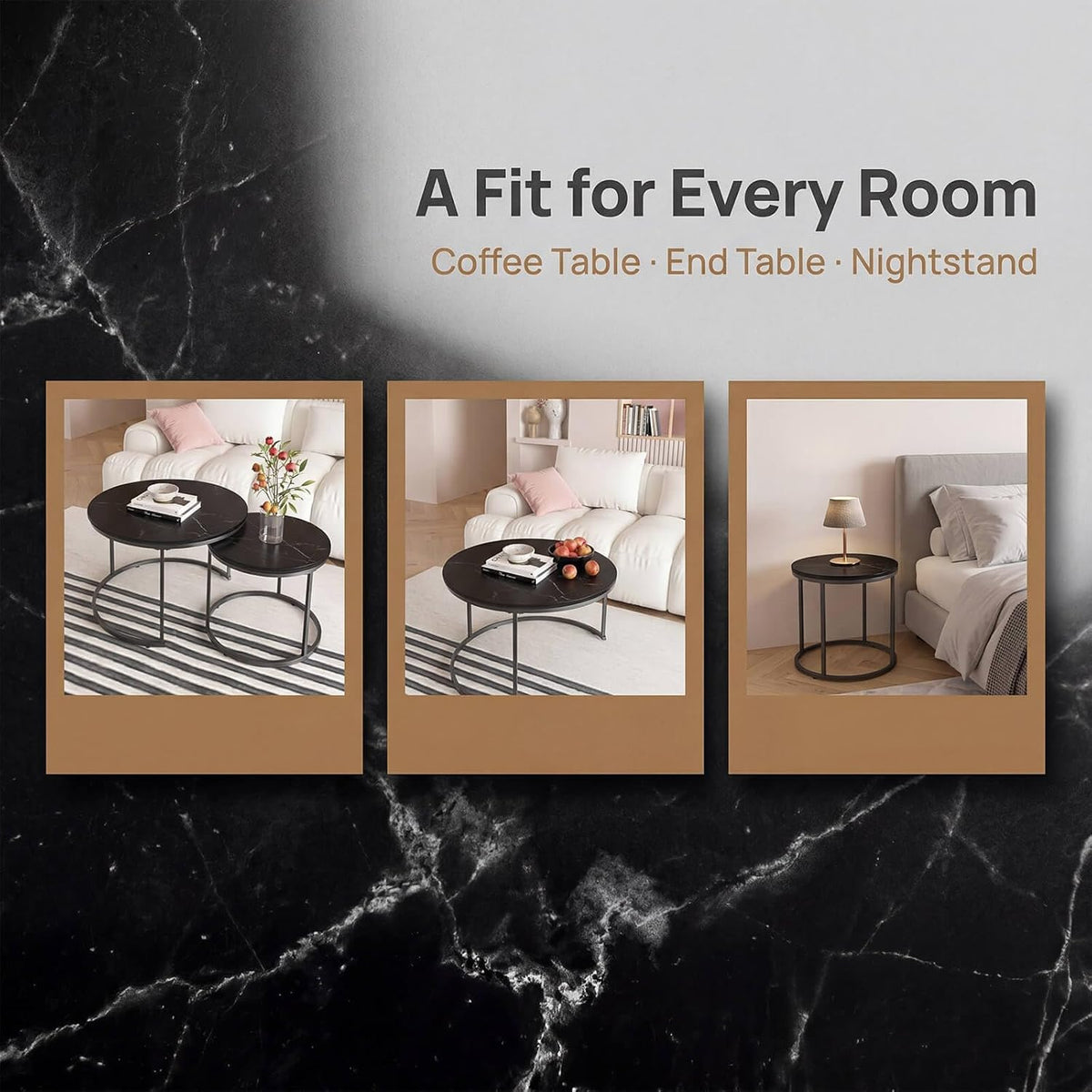 Nesting Coffee Table Set of 2, Round Nesting Tables with Marble-Look Top and Metal Frame, Modern Coffee Table Set for Small Spaces, Stackable Side End Tables for Living Room Bedroom etc. (B)