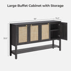 SICOTAS 55" Obsidian Sideboard Buffet Cabinet with Rattan Doors, Modern Industrial Coffee Bar Cabinet with Open Shelf, Black Wood Credenza & Console Table for Entryway, Kitchen, Dining Room
