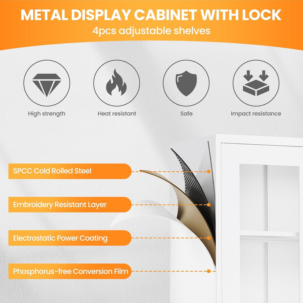 Locking Display Cabinet with Glass Door, 71”H Metal Curio Cabinets with Adjustable Shelves, White Liquor Caninet Display Case for Living Room, Collectibles, Clinic, Home - Assembly Required
