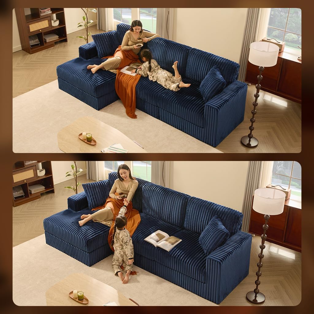 GOSUHI 113" L-Shaped Cloud Couch, Modular Sectional, Deep Seats, Navy | Pocket Spring Cushions, Oversized 3-Seater, Left Facing Chaise, Corduroy Upholstery Couches for Living Room