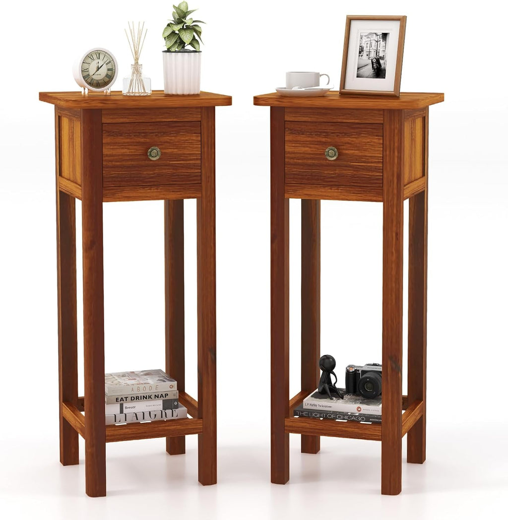 Giantex Narrow End Table with Drawer Set of 2, Tall Acacia Wood Side Table with Bottom Shelf, Modern Bedside Tables, 2-Tier Nightstand for Small Spaces Bedroom Living Room, No Assemble Required, Brown