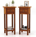 Giantex Narrow End Table with Drawer Set of 2, Tall Acacia Wood Side Table with Bottom Shelf, Modern Bedside Tables, 2-Tier Nightstand for Small Spaces Bedroom Living Room, No Assemble Required, Brown