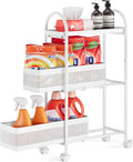 KINGRACK 3 Tier Slim Rolling Cart with Drawer, Metal Utility Storage Cart | 2 Pull-out Baskets, Lockable Wheels, Narrow Space Trolley Organizer for Bathroom, Kitchen, Office, Dorm, Laundry Room, White