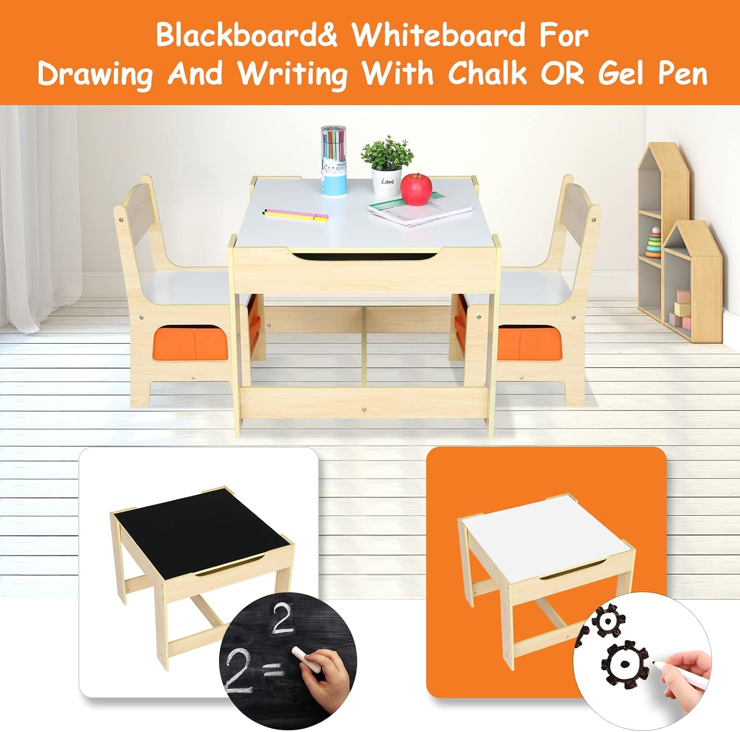 Bonnlo Kids Table and Chairs, Toddler Activity Table and Storage Drawer with a Detachable Tabletop for Kids Room, Nursery, Playroom, Natural