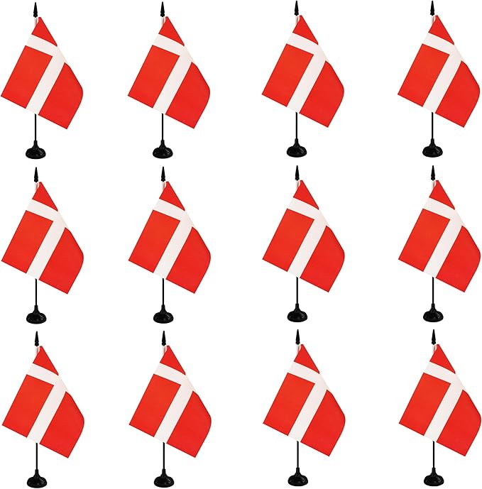 Denmark Desk Flag, 12 Pack Danish Table Office Flag with Black Solid Pole and Stand Base, International Country Flag, Festival Celebration, Classroom Meeting Desktop Decor (Denmark)