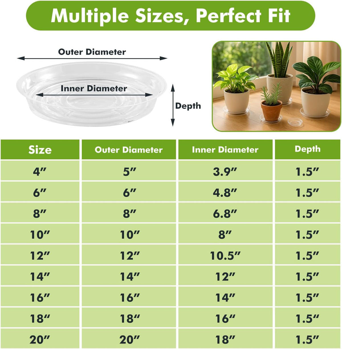 70 Packs 4" Clear Plant Saucers for Indoor Outdoor Use Heavy Duty Plastic Plant Trays for Planter Flower Pot Drip Trays to Catch Water, 4 to 20 Inch, Round Transparent