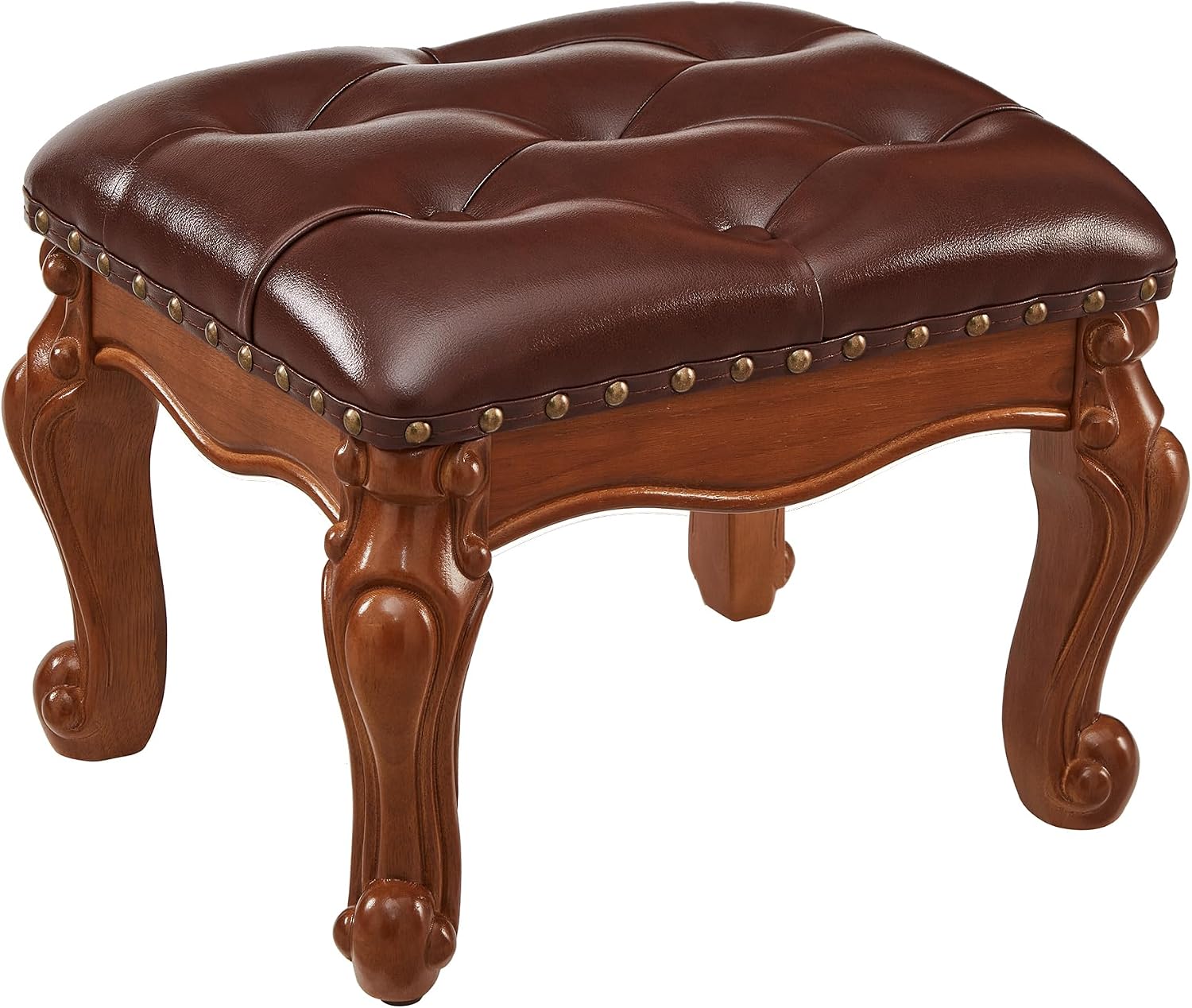 Foot Stools Ottoman, Small Vintage Leather Footstool for Living Room, Solid Wooden Ottoman Foot Rest,Shoe Change Bench at the Entrance (Warm Brown)