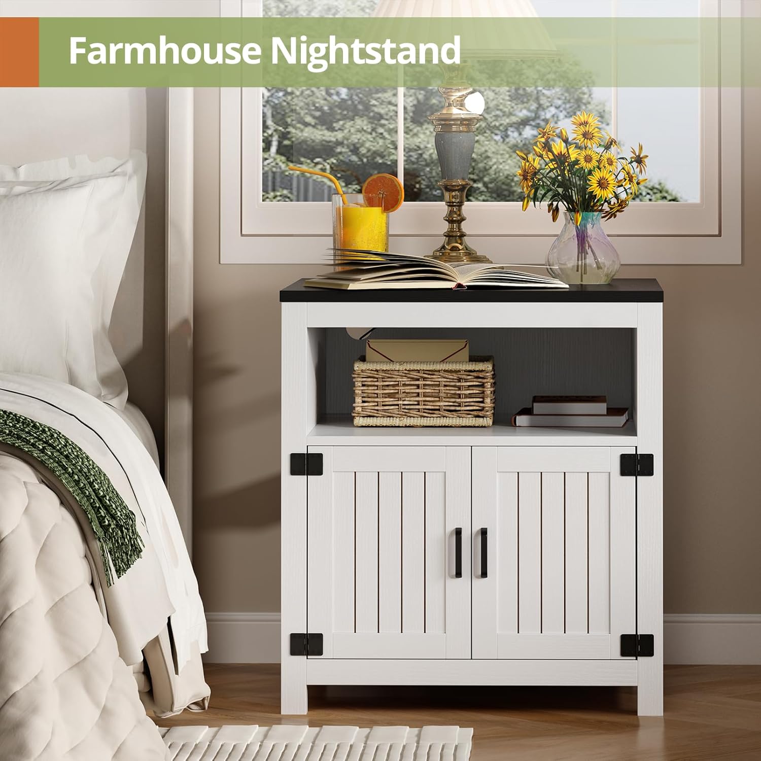 End Table with Charging Station, 23.6''W Large Sofa Side Table with Barn Door, Farmhouse Nightstand for Living Room, Bedroom