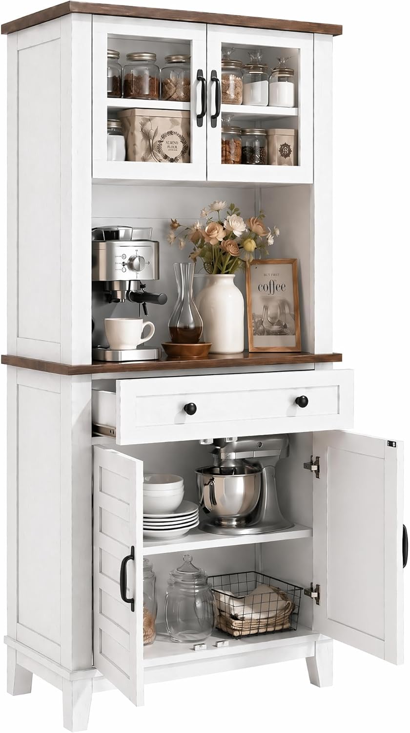 Garvee 72 in Tall Kitchen Pantry Cabinet, Kitchen Hutch Bar Cabinet with Microwave Stand, Cupboard with Drawers Glass Doors for Dining Room, Living Room, White