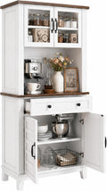 Garvee 72 in Tall Kitchen Pantry Cabinet, Kitchen Hutch Bar Cabinet with Microwave Stand, Cupboard with Drawers Glass Doors for Dining Room, Living Room, White