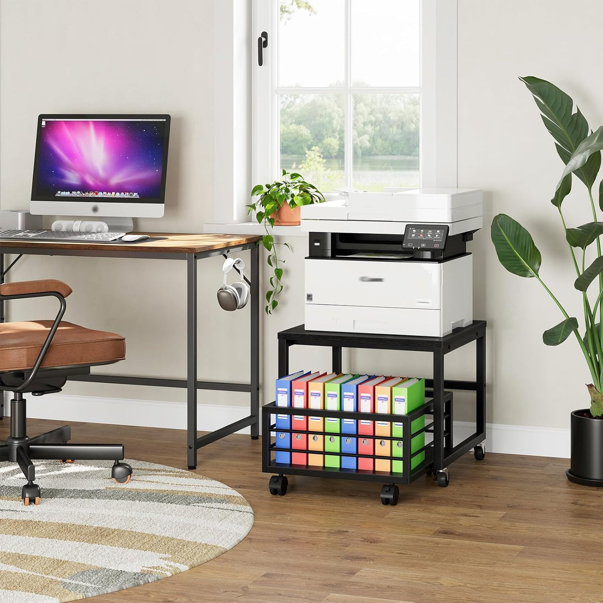 HOOBRO End Table, Mini Fridge Stand with Storage, Mini Fridge Table with Wheels and Adjustable Feet, Sturdy Metal Frame, for Living Room, Bedroom, Office, Black BB155TL01
