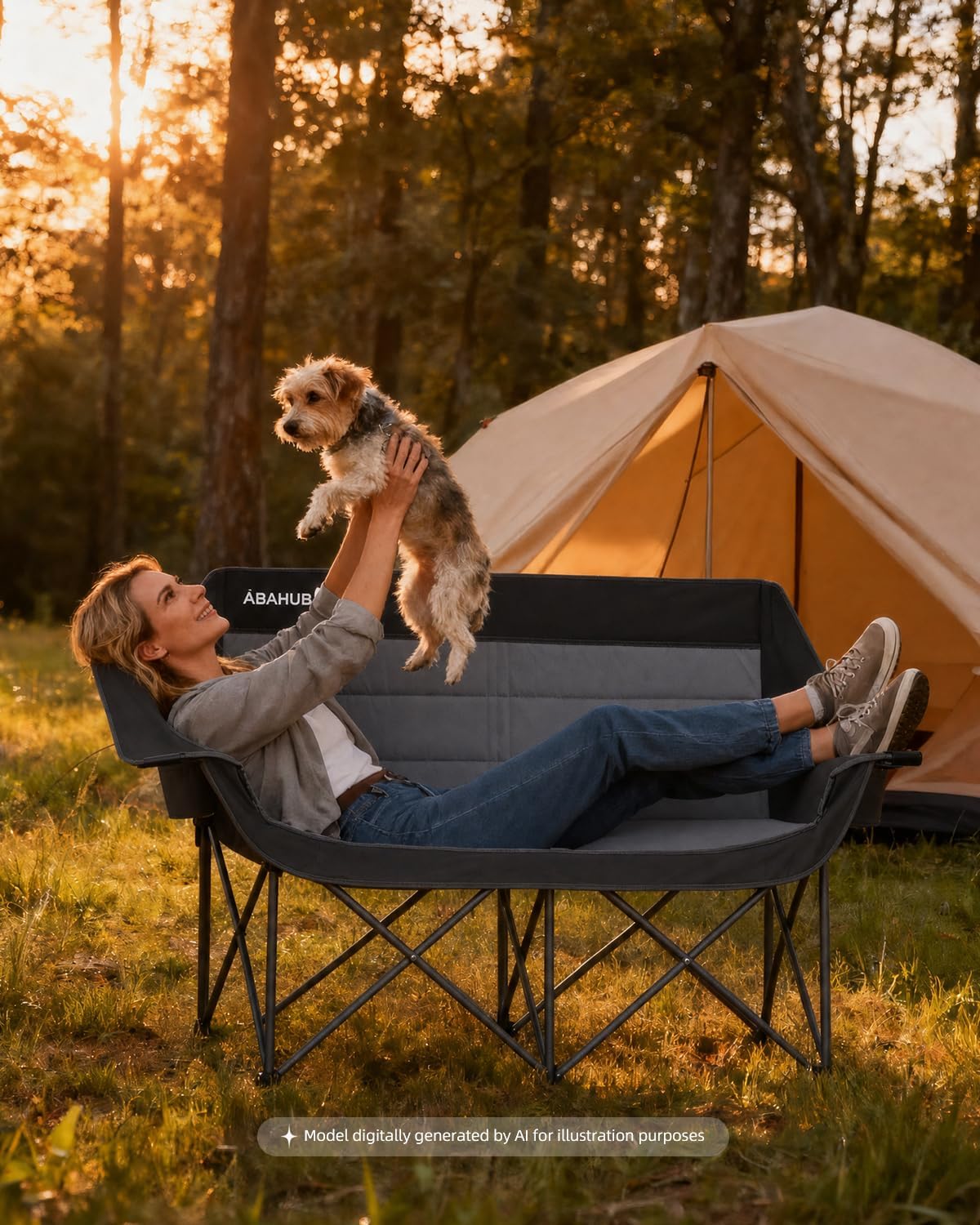 Abahub 2-Person Folding Camping Chair Loveseat Couch Chairs, 650 LBS Portable Quad Fold for Outdoor Camping, Lawn, Backyard, Patio, Tailgating, Sports, Soccer Games & Beach Days Black Grey