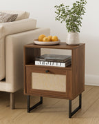 Rattan Nightstand, Boho Night Stand Farmhouse Wood Bedside Table with Storage and Open Shelf, End Side Accent Table for Bedroom,Living Room,Walnut