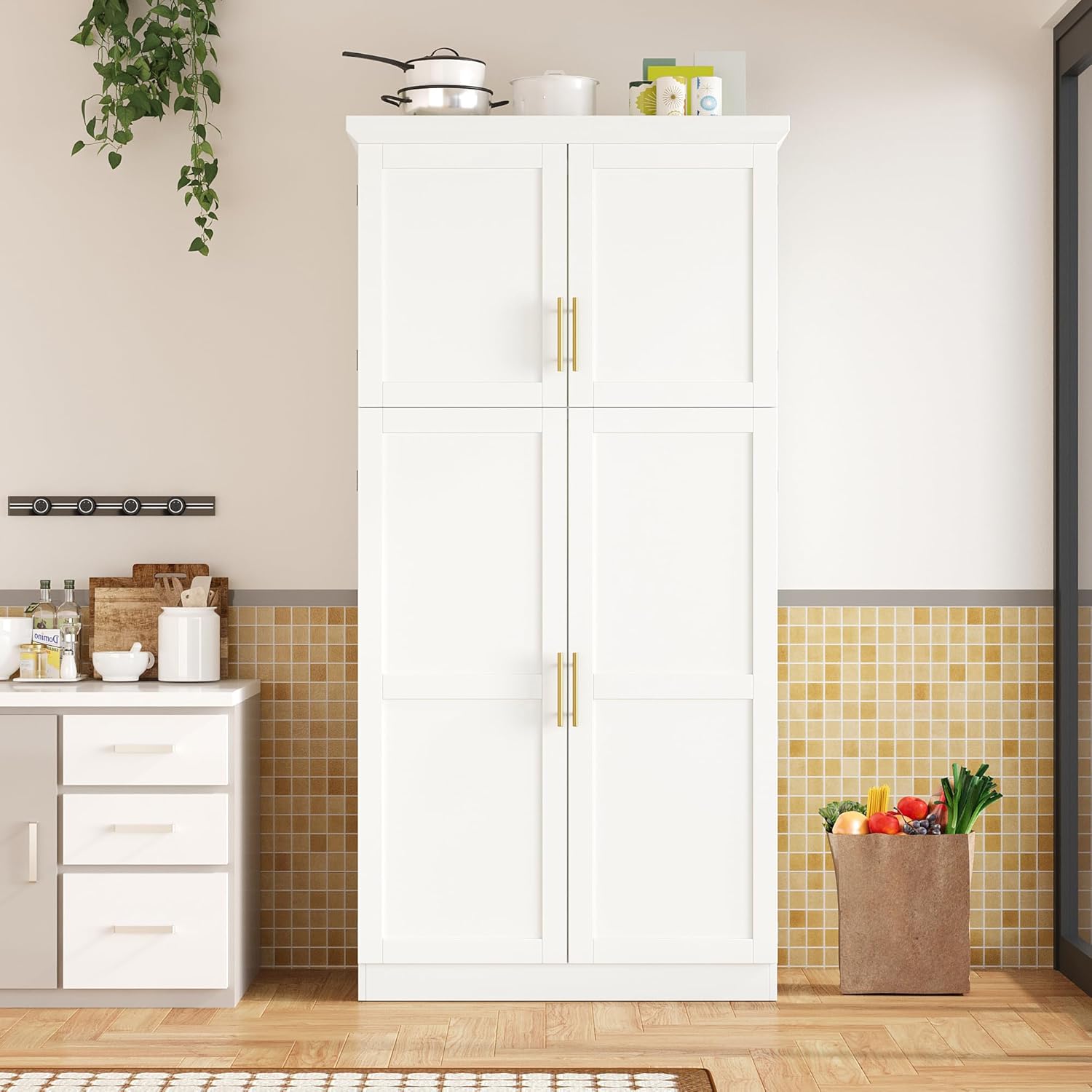 LUMISOL Kitchen Pantry Cabinet, 70.9" Tall Cupboard Storage Cabinet with Adjustable Shelves and Door Shelves, Freestanding Kitchen Hutch with 8 Pull-Out Trays for Dining Room Living Room, White