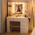 VINGLI Vanity Desk with Mirror and Lights, Makeup Vanity Table w/ 6 Storage Drawers & Shelevs, 58in White Dressing Table Built in Hollywood Bulbs & Charging Station & Hairdryer Holder, Gifts for Girls