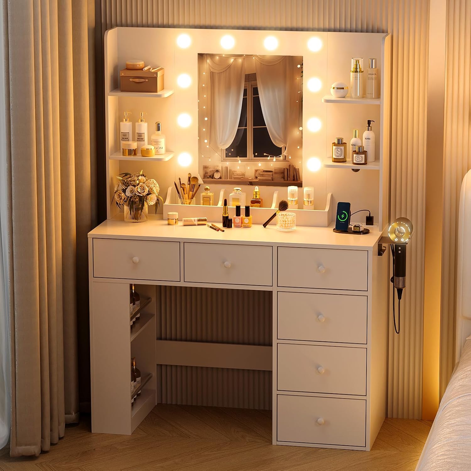VINGLI Vanity Desk with Mirror and Lights, Makeup Vanity Table w/ 6 Storage Drawers & Shelevs, 58in White Dressing Table Built in Hollywood Bulbs & Charging Station & Hairdryer Holder, Gifts for Girls