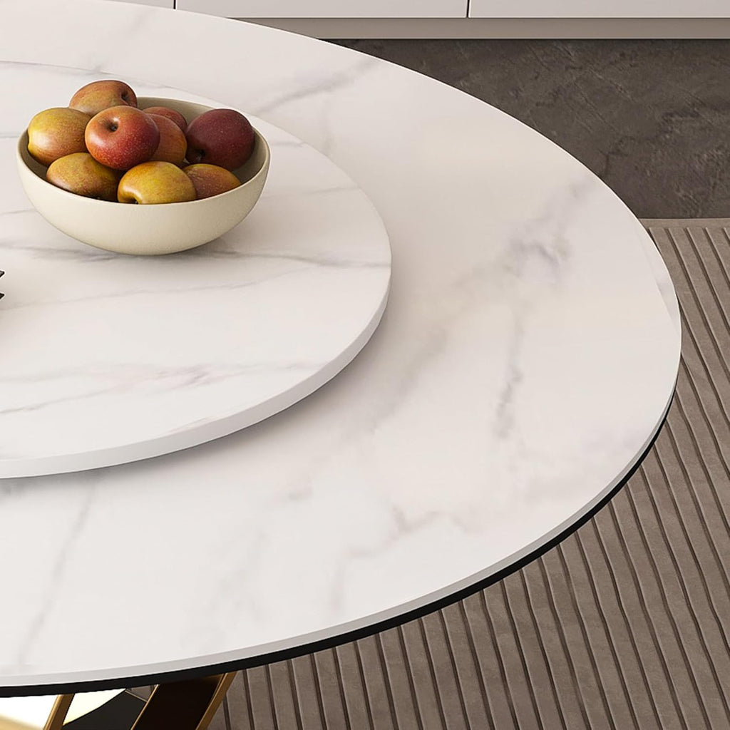 59" Round Dining Table with 360° Rotating Lazy Susan, Scratch & Heat Resistant Sintered Stone Tabletop, Marble Style Kitchen Dining Table, Perfect for Dining Room