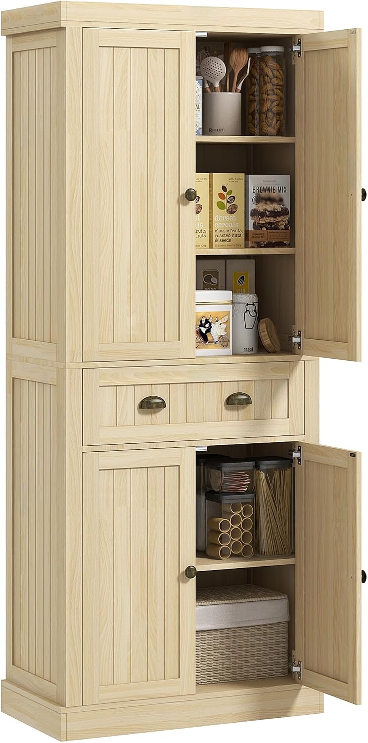 72" Farmhouse Kitchen Pantry Cabinet, Freestanding Tall Storage Cabinet with 4 Soft-Close Doors, 2 Adjustable Shelves and Drawer for Dining Room, Natural Wood