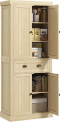 72" Farmhouse Kitchen Pantry Cabinet, Freestanding Tall Storage Cabinet with 4 Soft-Close Doors, 2 Adjustable Shelves and Drawer for Dining Room, Natural Wood