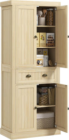 72" Farmhouse Kitchen Pantry Cabinet, Freestanding Tall Storage Cabinet with 4 Soft-Close Doors, 2 Adjustable Shelves and Drawer for Dining Room, Natural Wood