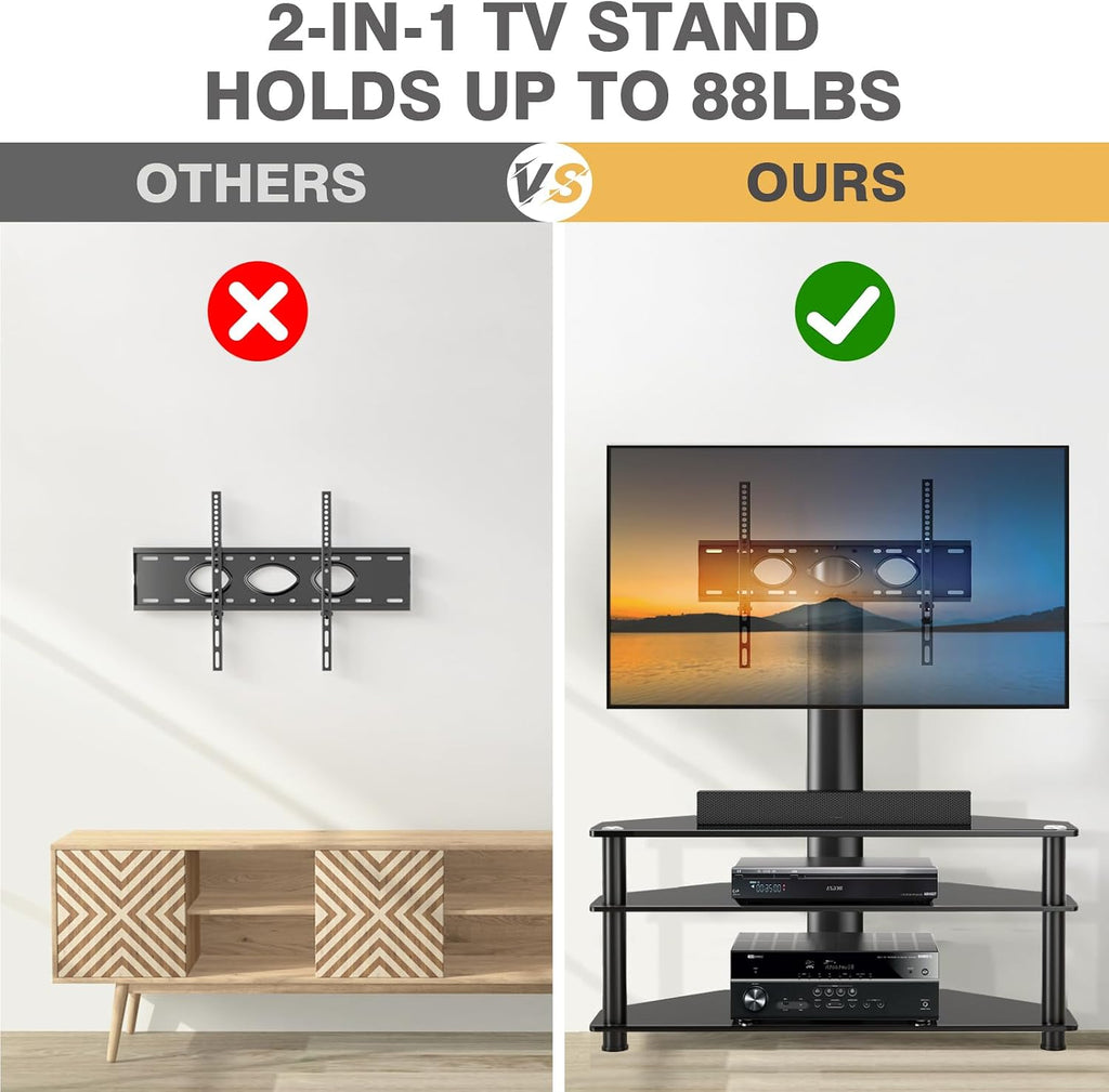 TAVR Furniture Swivel Floor TV Stand for 32-70 Inch TVs - Universal Height Adjustable TV Floor Stand with Shelves Perfect for Bedroom and Corner, TV Mount Stand VESA 600x400mm Holds up to 88lbs, Black
