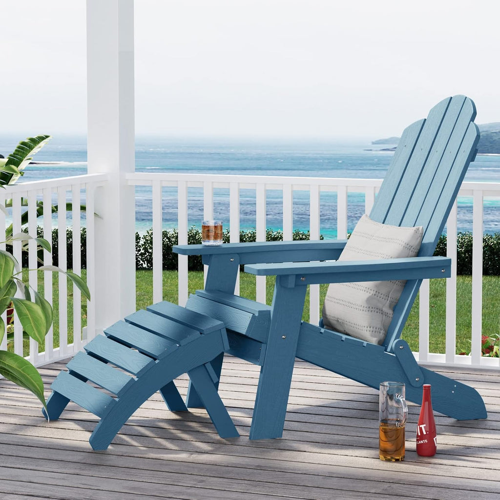 MXIMU Folding Adirondack Ottoman Set of 4: HIPS Plastic Outdoor Footrest Easy Assembly - All Weather Foot Stool Foot Rest for Adirondack Chair Use in Patio Garden Backyard Pool (Blue)
