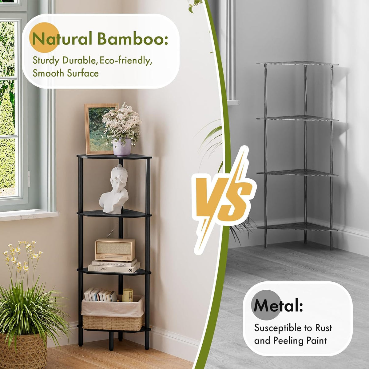 Corner Shelf Stand, 4 Tier Corner Bookshelf, Bamboo Storage Standing Shelf Unit, Tall Storage Plant Stand,Bookcase for Living Room, Home Office, Bedroom, Kitchen, Black