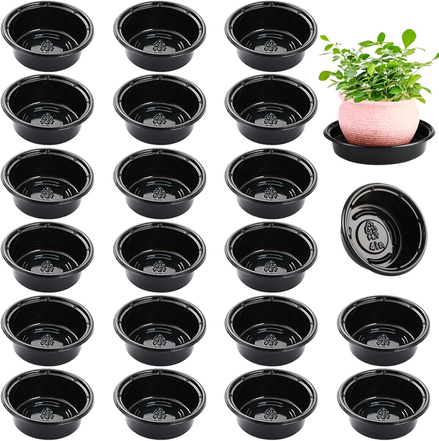 Plant Saucer 20 Pack Plant Trays for Pots 4 Inch Plastic Plant Saucers for Outdoors and Indoors Drip Trays for Potted Plants Flower Pot Plates to Catch Water Plant Drainage Dishes No Holes, Black