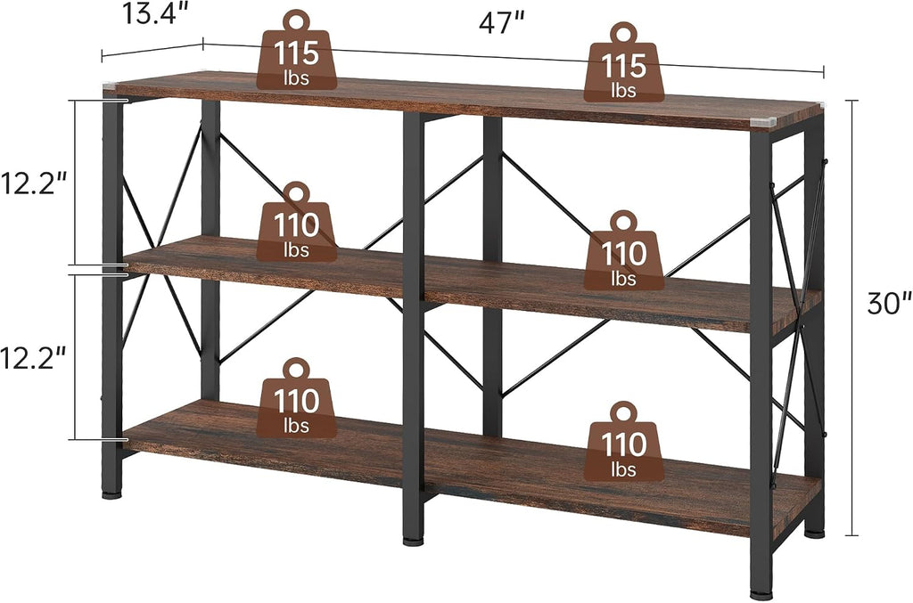 47" 3 Tier Industrial Book Shelf, Free Standing Horizontal Low Metal Rustic Farmhouse Book Case with Wood Shelves for Home Office, Den, or Living Room Rustic Brown and Black