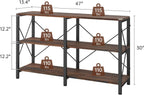 47" 3 Tier Industrial Book Shelf, Free Standing Horizontal Low Metal Rustic Farmhouse Book Case with Wood Shelves for Home Office, Den, or Living Room Rustic Brown and Black