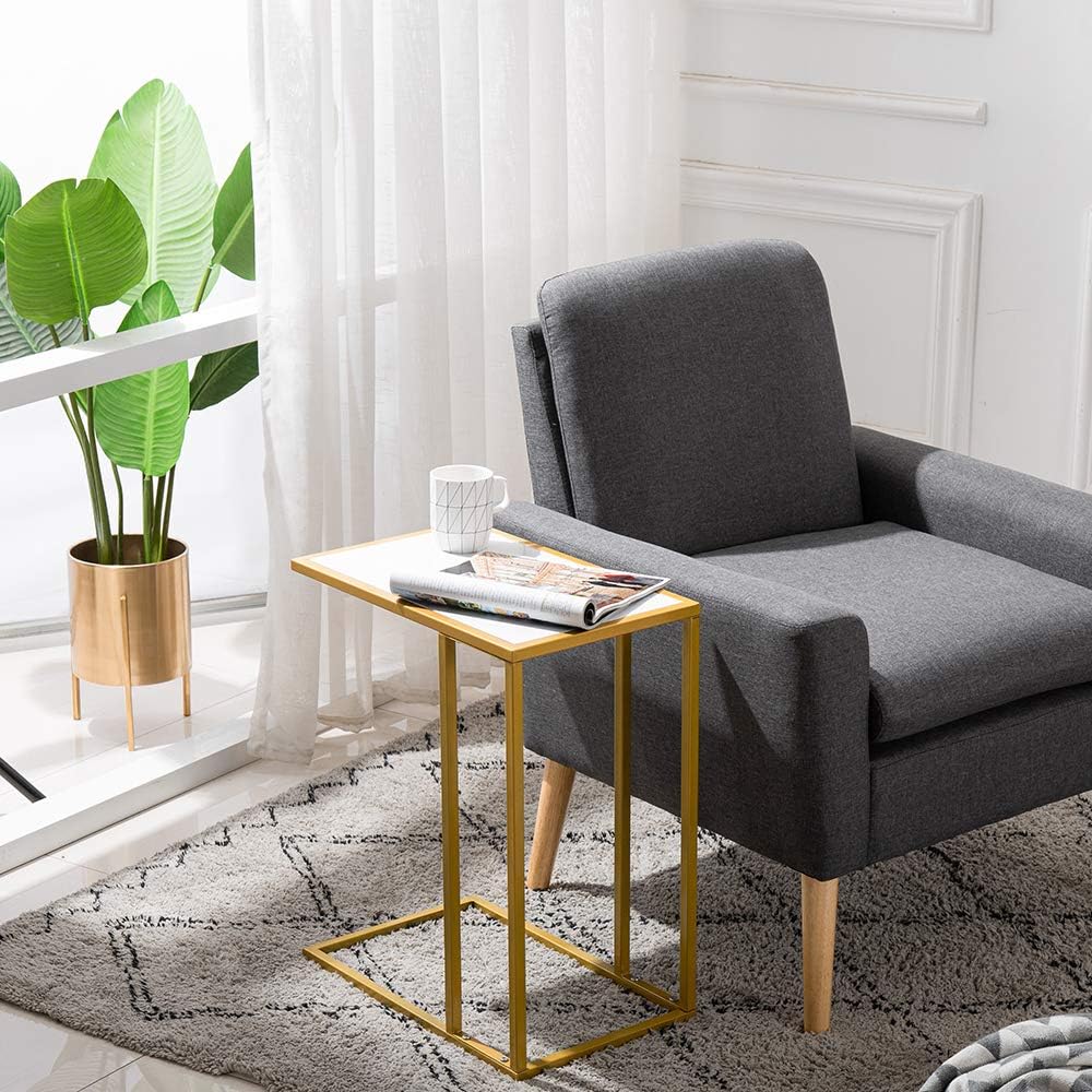Marble Simple C-Side Table, C-Shaped Side Table for Couch - Small Coffee Stand Sofa Tray Desk with Metal Frame, Modern End Accent for Living Room, Bedroom, Small Spaces,Golden